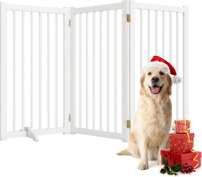 36" H Freestanding Dog Gate, Solid Wood Foldable Pet Gate with Support Feet, Wooden Tall Dog Gate for Doorway, Stairs & Indoor Use, 60" Wide Expandable Pet Fence, 3 Panels, Walnut