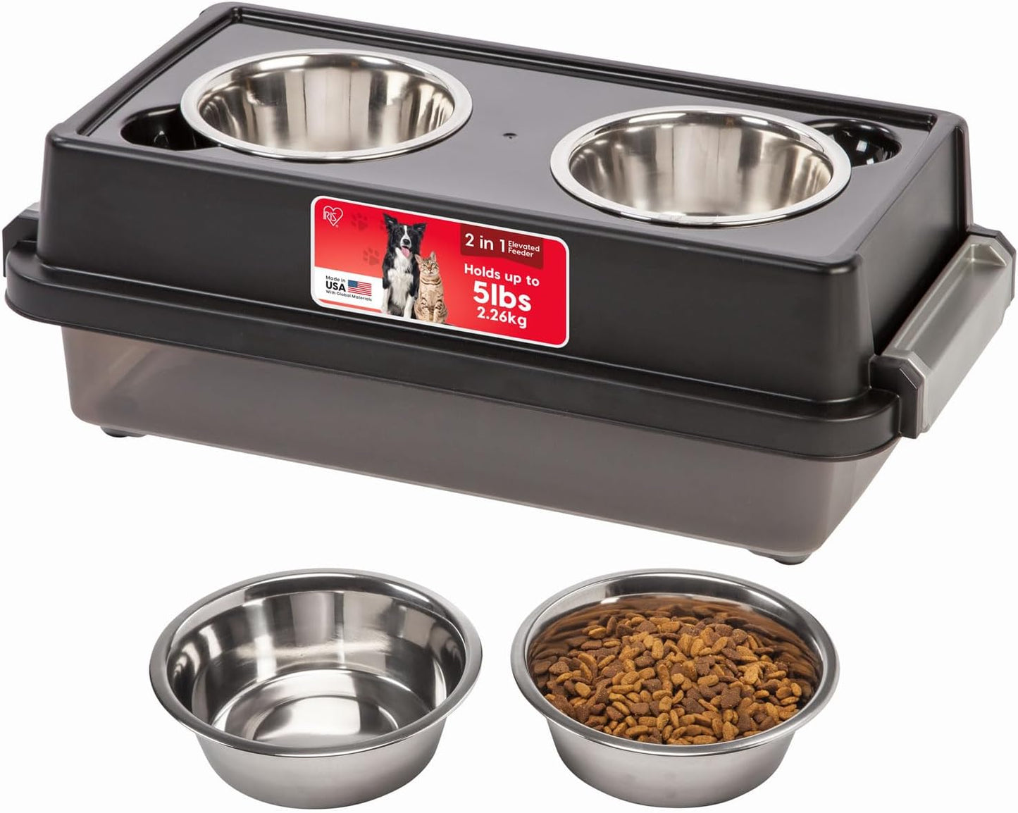 IRIS USA Dog Bowls Elevated with Storage, 15" H Raised Feeding Station, Dog Bowl Stand with Airtight Food Storage Holds 47 lbs, 2 Removable 64 oz Stainless Steel Bowls for Large Dogs, Smoke/Black