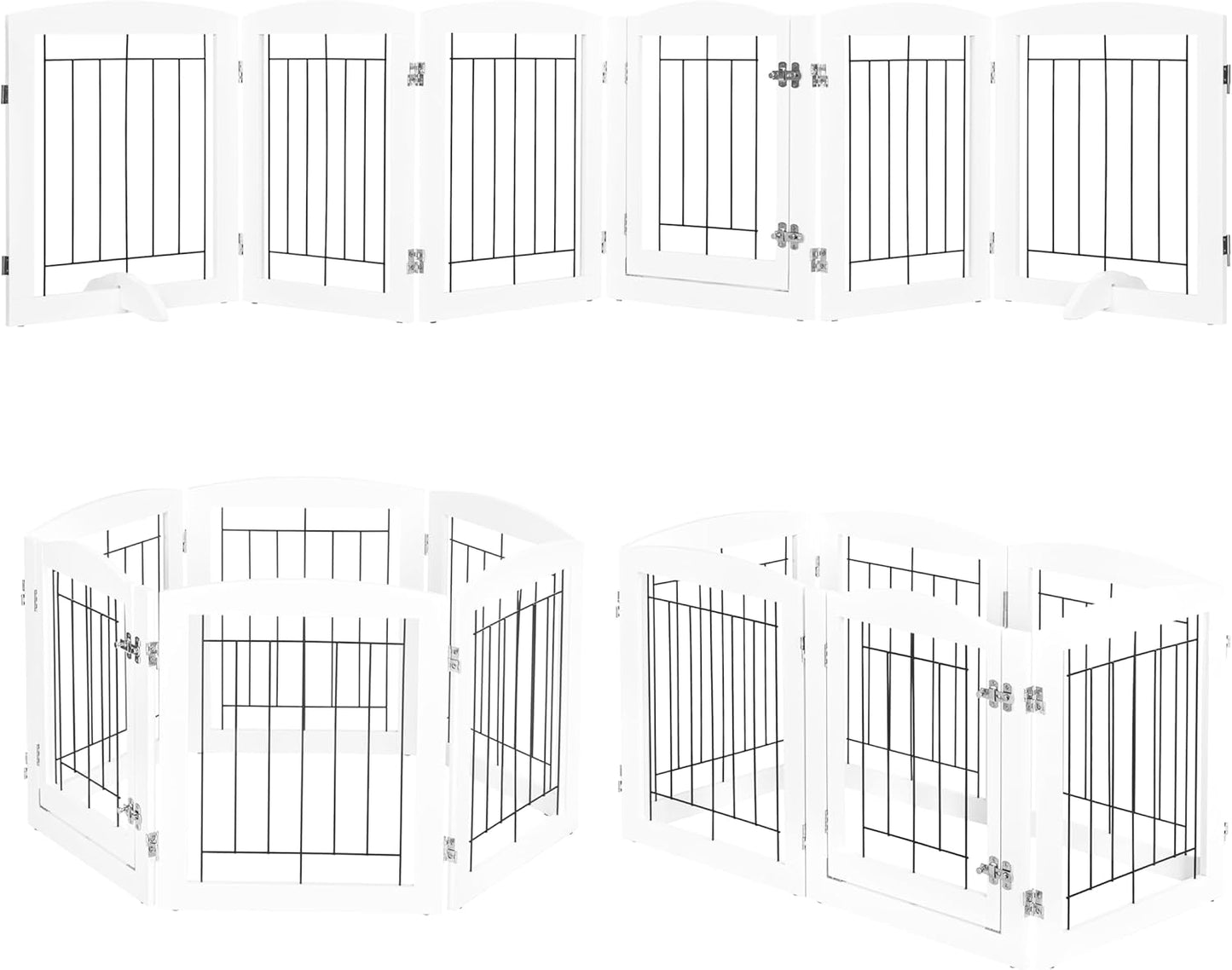 PAWLAND Free Standing Dog Gates for The House Stairs Doorways Indoor Foldable Wooden Small White Puppy Pet Gate Step Over Fence 60" W 24" H 3 Panels