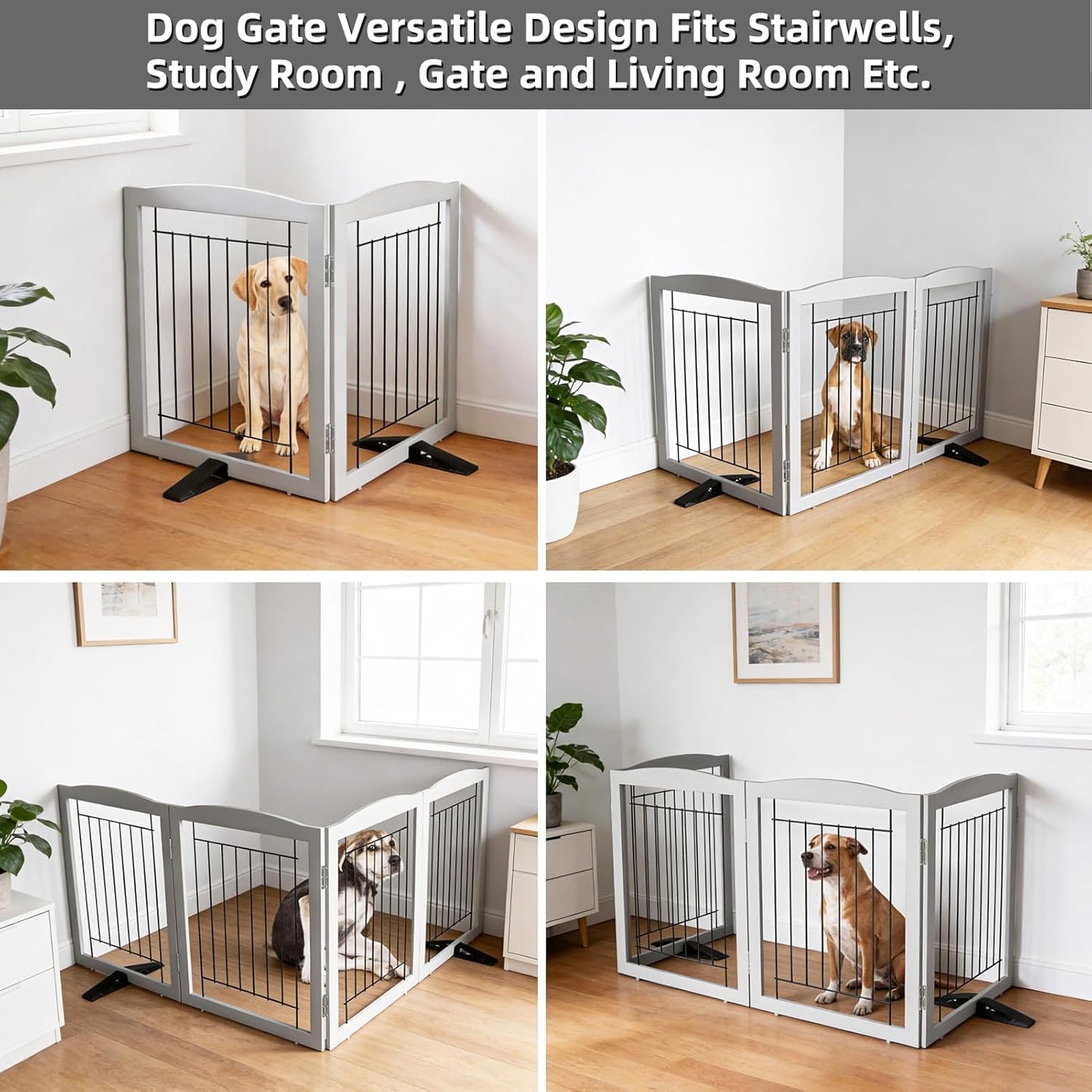 ZJSF Freestanding Dog Fence Indoor, Foldable Dog Gate for Doorways, Stairs or Hallways, Sturdy Wood Extra Wide Pet Gate with Support Feet for The House, White, 24 "Height-3 Panels