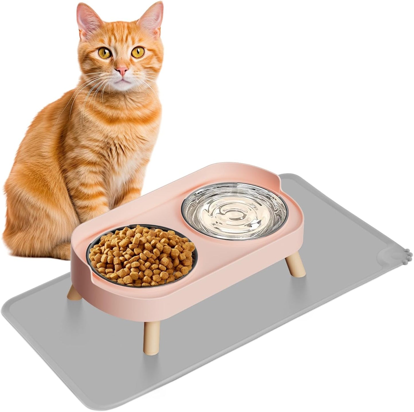 Elevated Cat Bowl, Raised Cat Food and Water Bowl Set for Indoor Cats, Splash Proof with 2 Stainless Steel Pet Food Bowls for Cats and Puppies, Whisker Fatigue and Dishwasher Safe - White