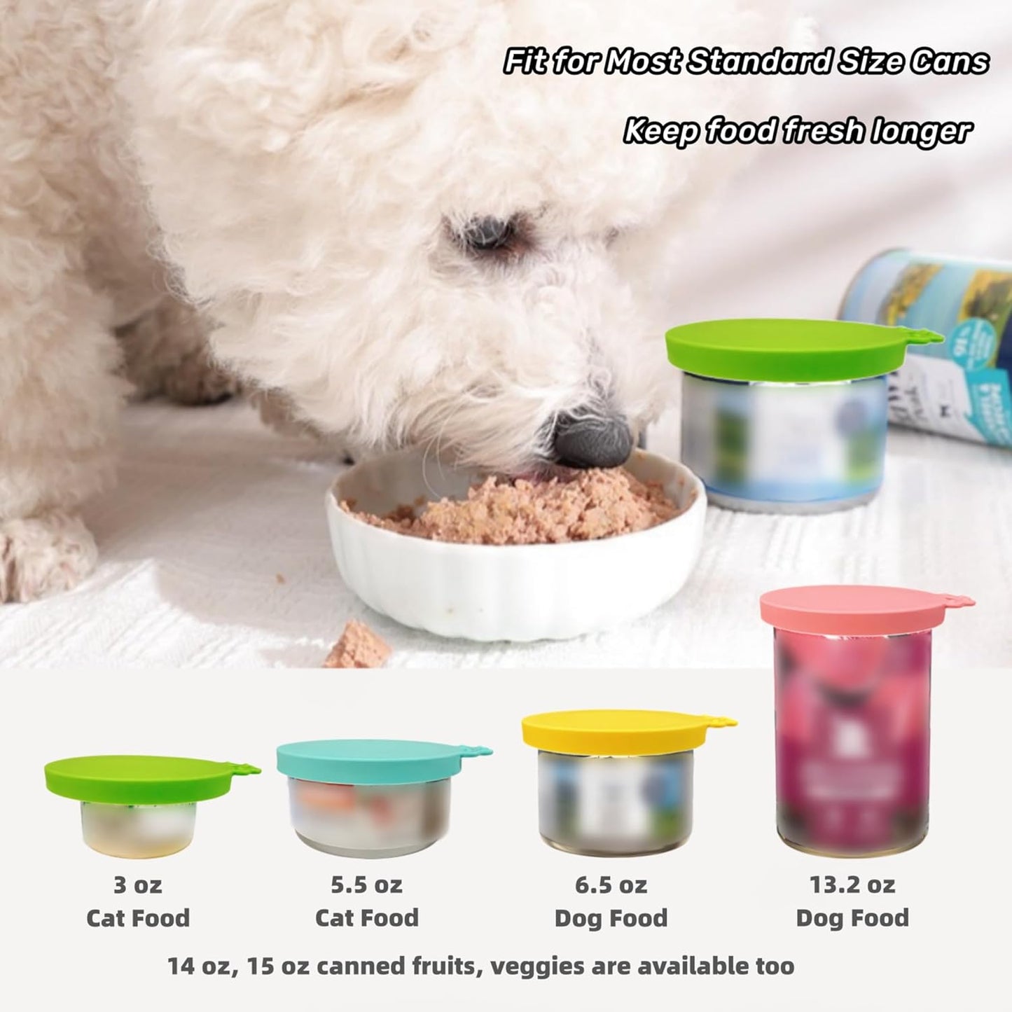 2 Packs Dog Food Can Lids, Inner rings 2.6”/3”/3.4” Fits 3-15oz Standard Cans/Tins, Multi-Size cat food can lid, Silicone Can Covers for dog food cans, BPA Free, Reusable(Green/Cyan+1 spoon)