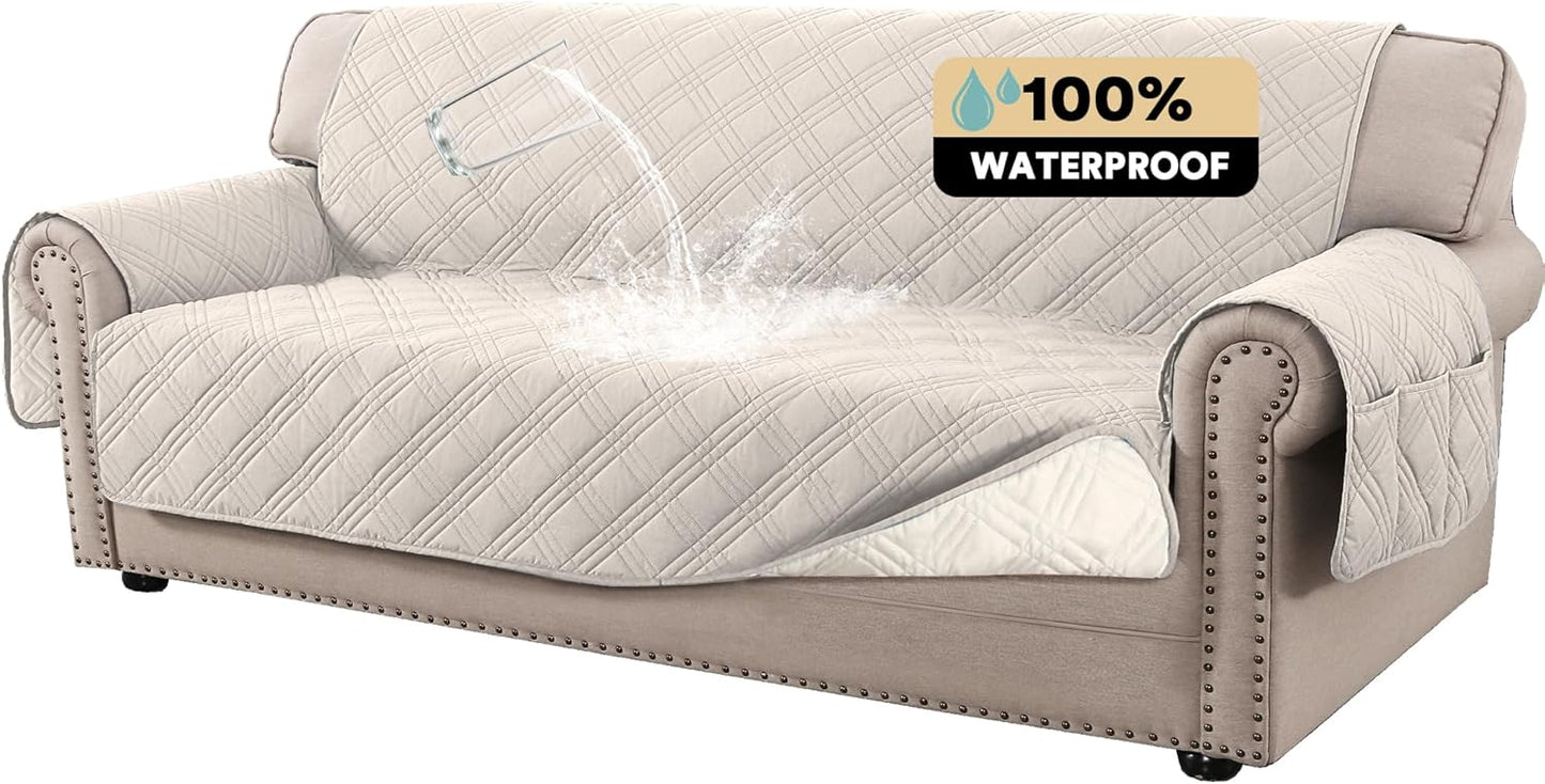 PrinceDeco 100% Waterproof Couch Cover for 3 Cushion Couch Sofa Pet Friendly Non-Slip Couch Cover for Dogs Washable Water Resistant Furniture Protector with Elastic Straps(Sofa 68", French Oak)