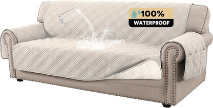 PrinceDeco 100% Waterproof Couch Cover for 3 Cushion Couch Sofa Pet Friendly Non-Slip Couch Cover for Dogs Washable Water Resistant Furniture Protector with Elastic Straps(Sofa 68", French Oak)