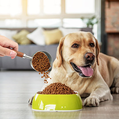 4 Pcs Dog Food Scoop, Stainless Steel 1 Cup, 1/2 Cup, 1/3 Cup, 1/4 Cup Measuring Cup, Cat Food Scoop with Wood Handle, Pet Food Scoop