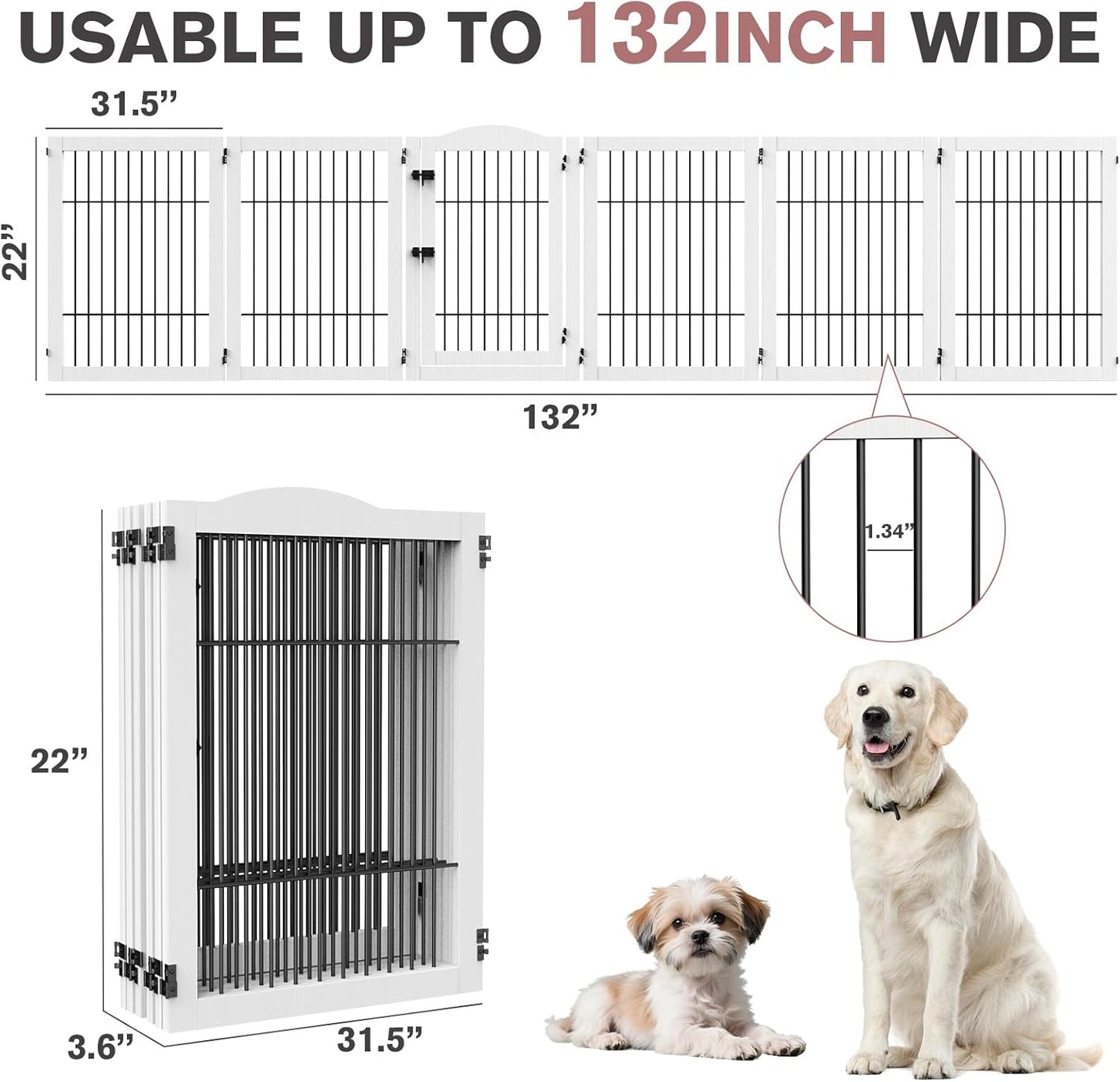 133 inch Extra Wide Dog Gate Indoor for The House, Doorway, Stairs, 31.5 inches Tall 6 Panels Free Standing Dog Gate with Door Walk Through, Puppy Playpen Safety Fence No-Assembly