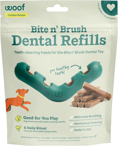 WOOF - Bite n' Brush Refills Treats for the Dog Toothbrush Toy - Scrub Plaque and Tartar from Your Dog's Teeth and Mouth - Dog Dental Sticks - 36 Refills - Beef - 2 Pack
