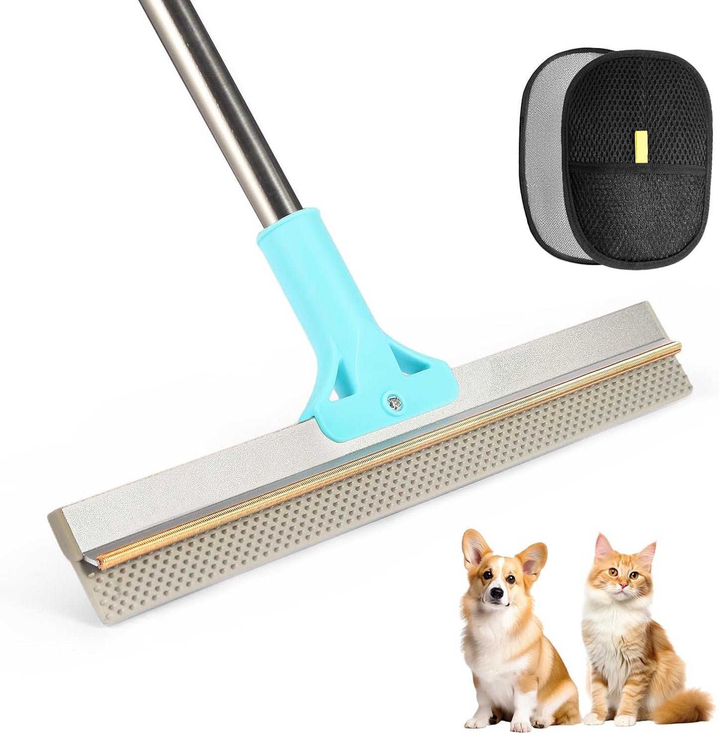Carpet Rake for Pet Hair Removal, 2 in 1 TPU and Copper Rake Teeth, Adjustable Long Handle, Double-Sided Reusable Dog Cat Fur Remover with Hair Removal Glove, Pet Fur Rake for Rugs, Mats