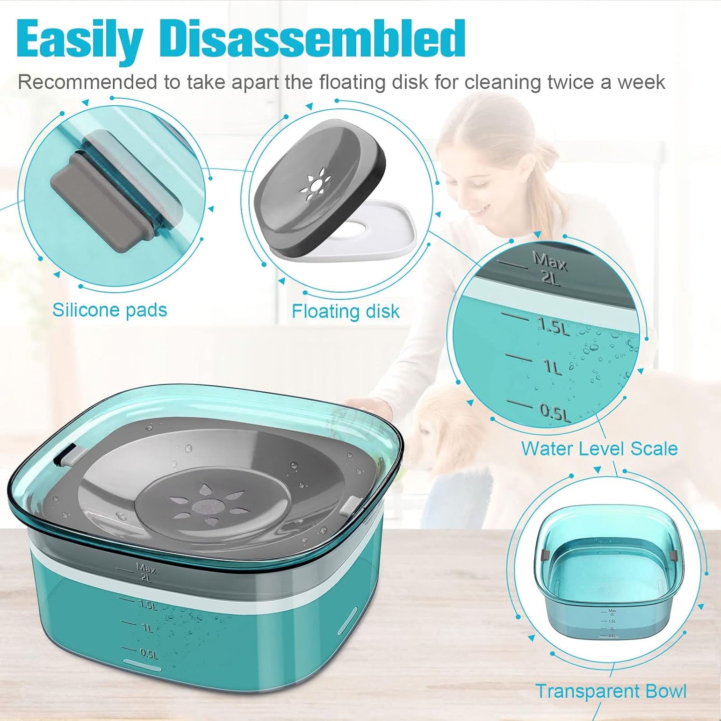 UPSKY 70oz Dog Water Bowl 2L No Spill Dog Bowls Large Capacity Spill Proof Slow Water Feeder, No Splash Pet Water Dispenser Vehicle Carried Travel Slow Drinking Bowl for Messy Drinkers