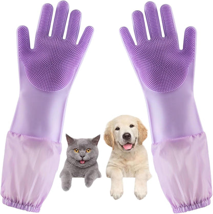 Dog Washing Gloves, Pet Grooming Gloves with Soft Brushes, Bathing and Massaging for Dogs and Cats, Silicone Heat Resistant Cleaning Gloves with High-Density Teeth (Gray)