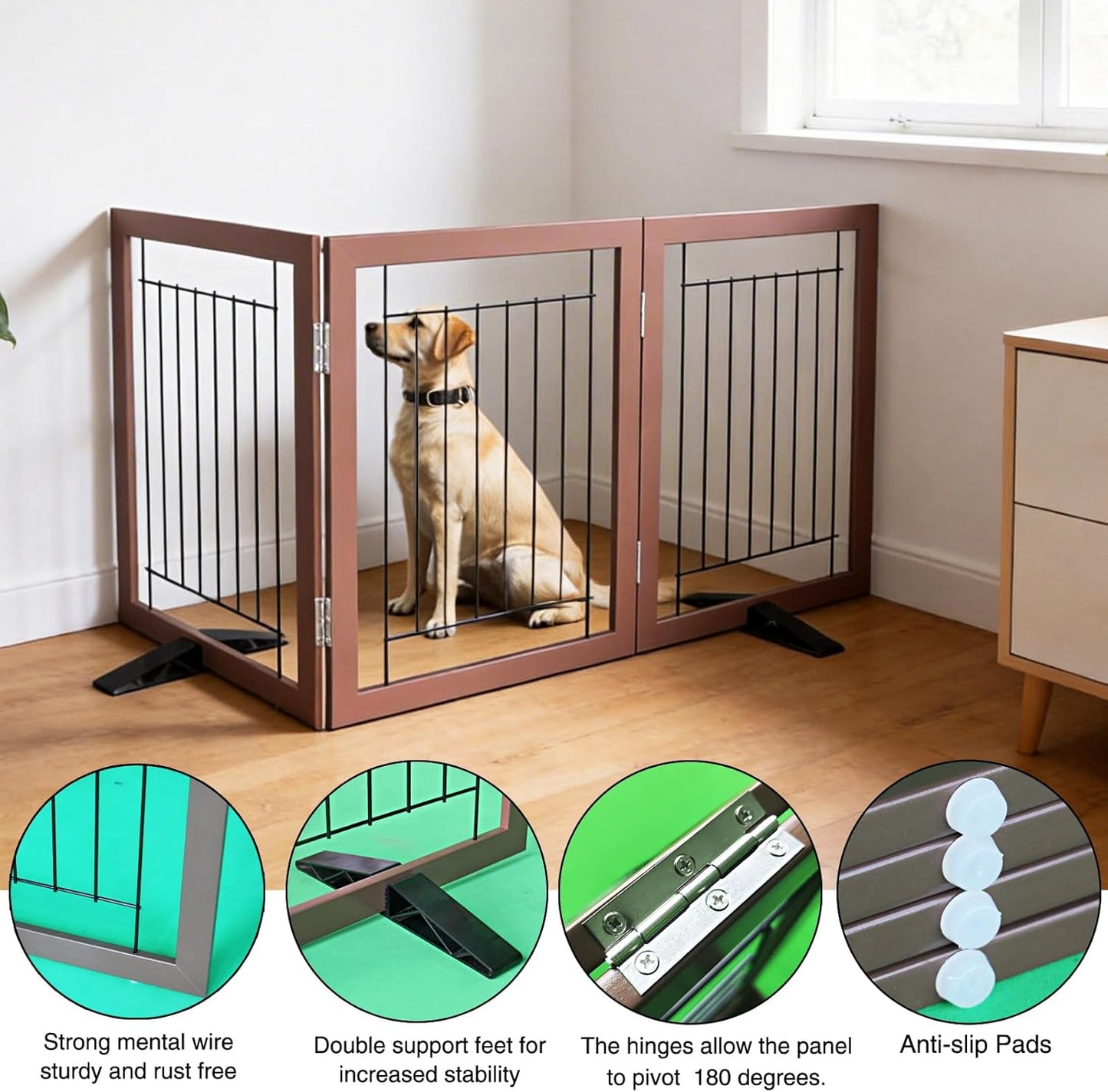 ZJSF Freestanding Dog Gate Indoor, Foldable Dog Fence for Doorways,Hallways or Stairs, Sturdy Wood Extra Wide Pet Gate with Support Feet,Black,24 "Height-3 Panels