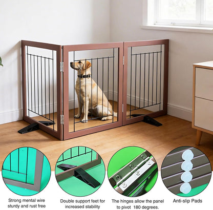 ZJSF Freestanding Dog Gate Indoor, Foldable Dog Fence for Doorways,Hallways or Stairs, Sturdy Wood Extra Wide Pet Gate with Support Feet,Black,24 "Height-3 Panels