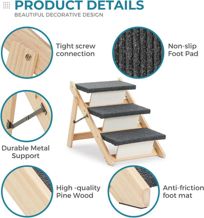 MEWANG Wood Pet Stairs & Ramp for Small/Medium Dogs and Cats, Aging Pets – 2-in-1 Foldable, Portable, Non-Slip Pet Ladder for Tall Beds, Couches,Cars–Holds Up to 220 lbs (17.3" L x 17.2" W x 13.0" H)
