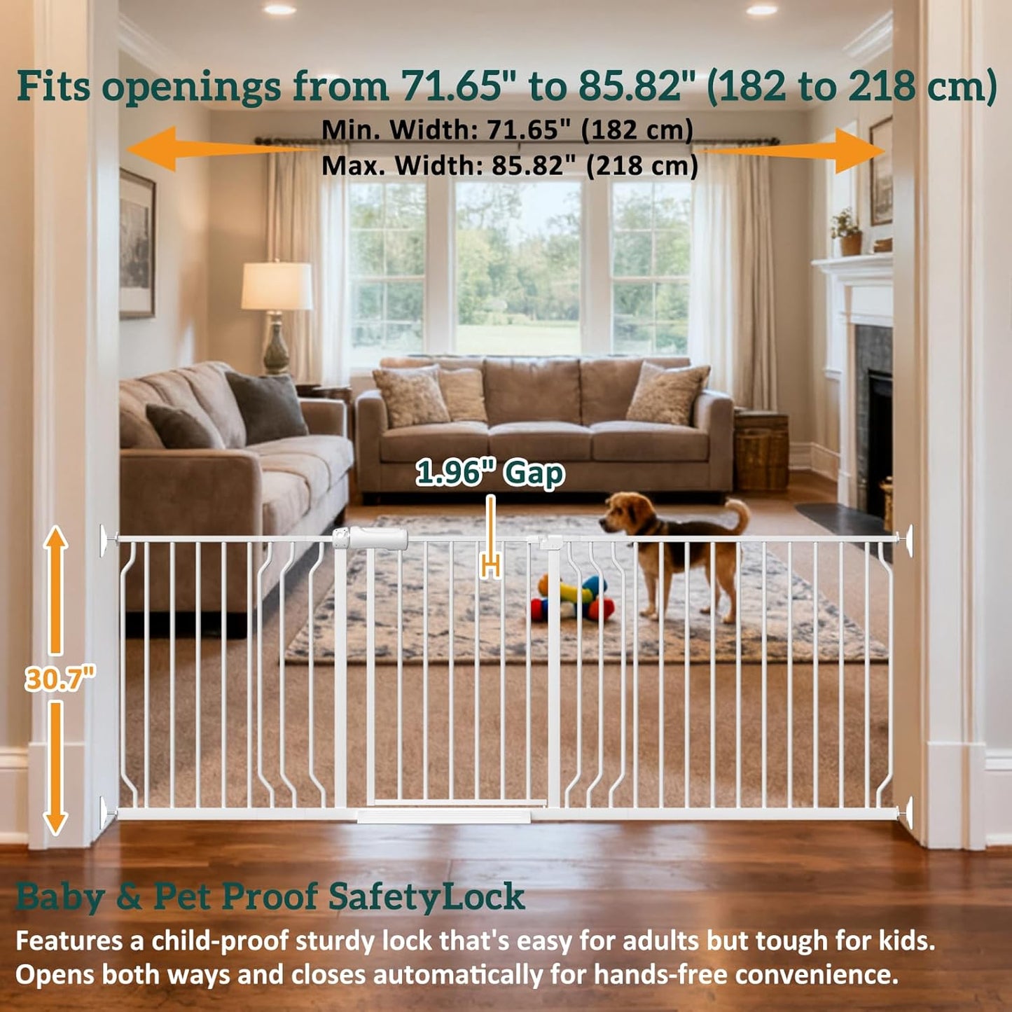 Extra Wide Baby Gates for Doorways 71.65"-85.82" Extra Wide Baby Gate Dog gate Pressure Mounted No Drilling with Walk-Through, Auto-Close & Dual-Direction Swing for Large Wide Opening Black