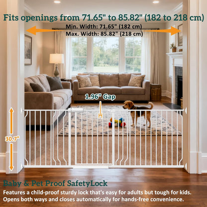 Extra Wide Baby Gates for Doorways 71.65"-85.82" Extra Wide Baby Gate Dog gate Pressure Mounted No Drilling with Walk-Through, Auto-Close & Dual-Direction Swing for Large Wide Opening Black
