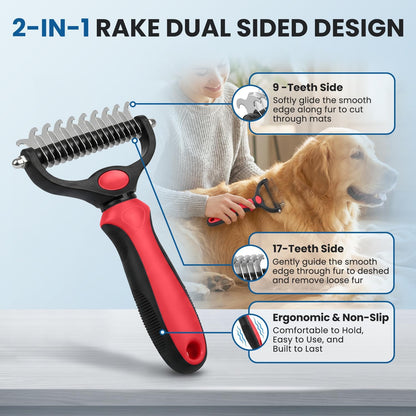 Double-Sided Pet Grooming Rake - 4-in-1 Professional Pet Grooming Kit Deshedding Dematting Tool for Dogs Cats Extra-Wide Grooming Brush & Deshedder Comb for Long & Short Haired Pets (Blue Kit 4PCS)