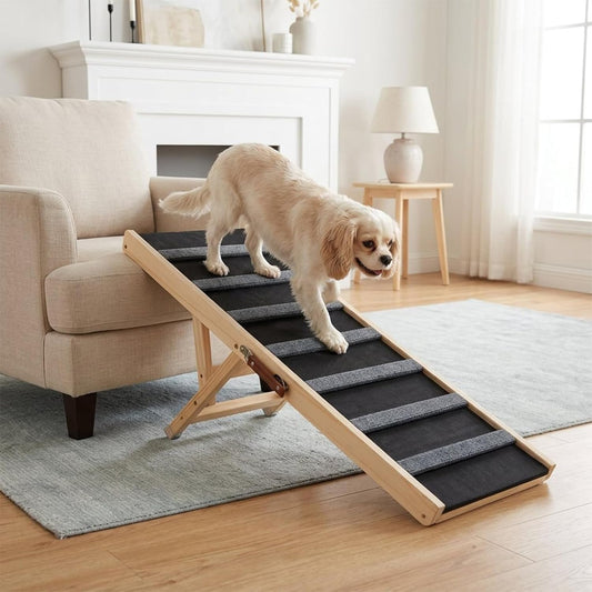 Dog Ramp for Bed, 43.5" Long Wooden Foldable Dog Ramp, 6 Adjustable Heights from 14" to 26" with Anti-Slip Traction Mat, Portable Pet Ramp for Car, Bed, Couch, Max 200lbs - 43.5inch