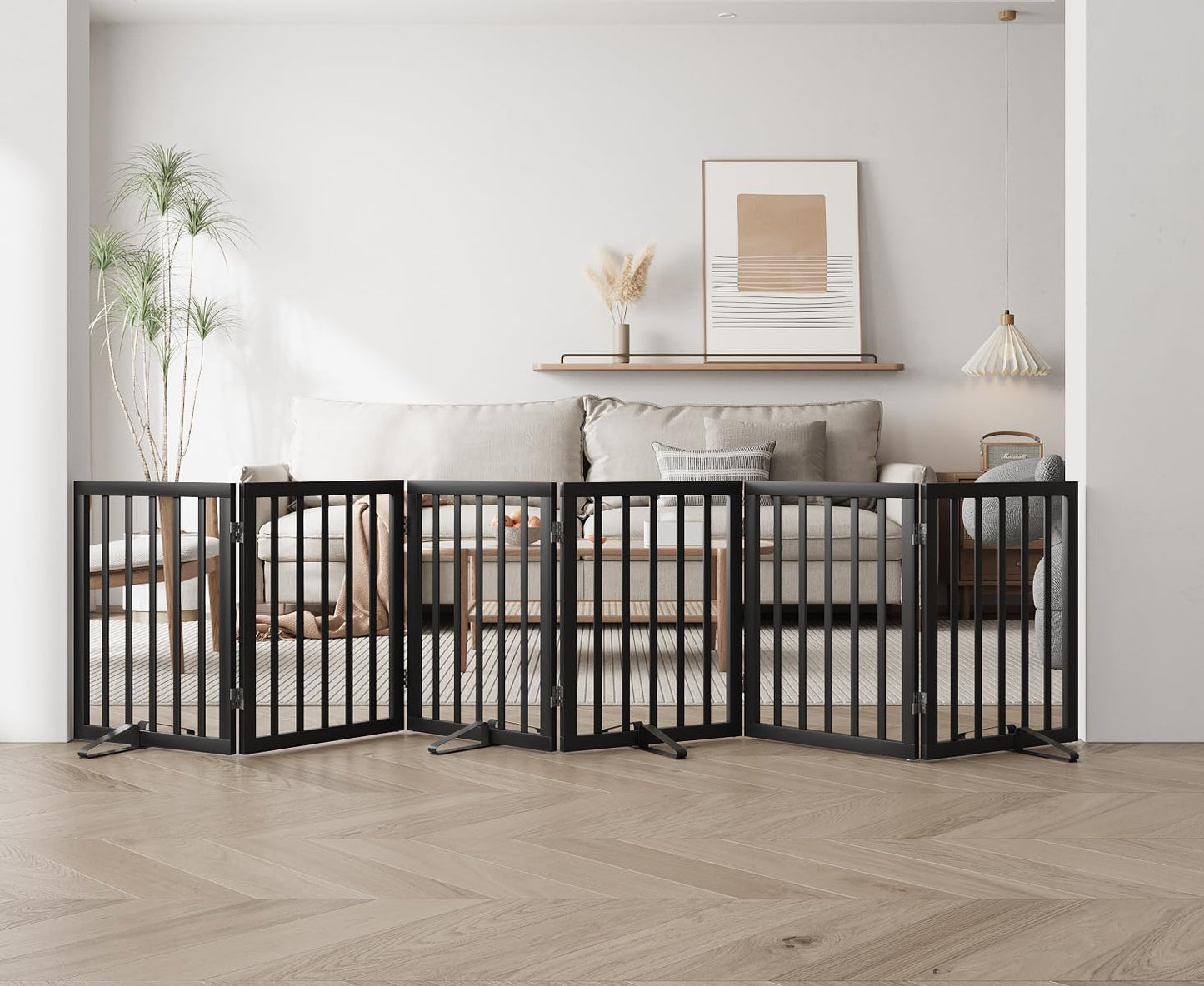 Freestanding Dog Gates Indoor, 3-Panel Pet Gates with 2 Metal Stands and 360° Hinge, 24" H Foldable Dog Gate for Stairs, Doorway, Kitchen, Expands Up to 55" Fully Assembled - Black Walnut