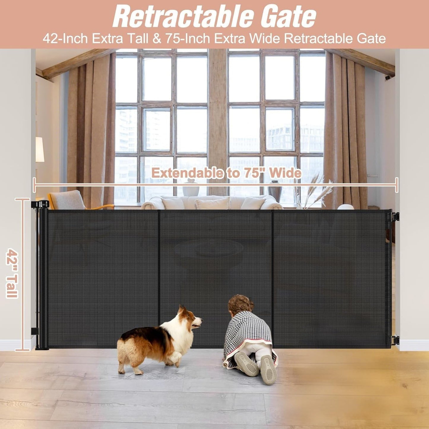 Reinforced 42" Tall Retractable Dog Gate, 155" Extra Long Retractable Baby Gate with Support Rods - Prevent Crawling Under, Indoor/Outdoor Retractable Gate Extra Tall Baby Gate Retractable Fence/Black