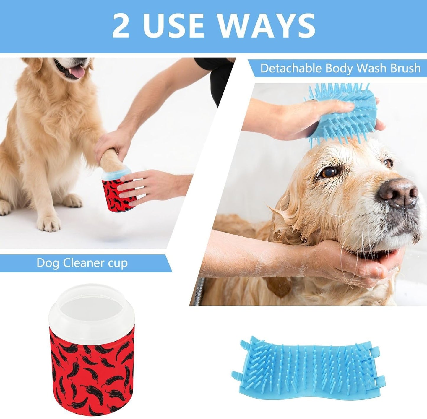 Peppers Chili Red Pattern Dog Paw Cleaner Cup with Soft Silicone Brush, Portable Lightweight Small Muddy Paw Washer for Dogs, Easy to Use Pet Foot Cleaner