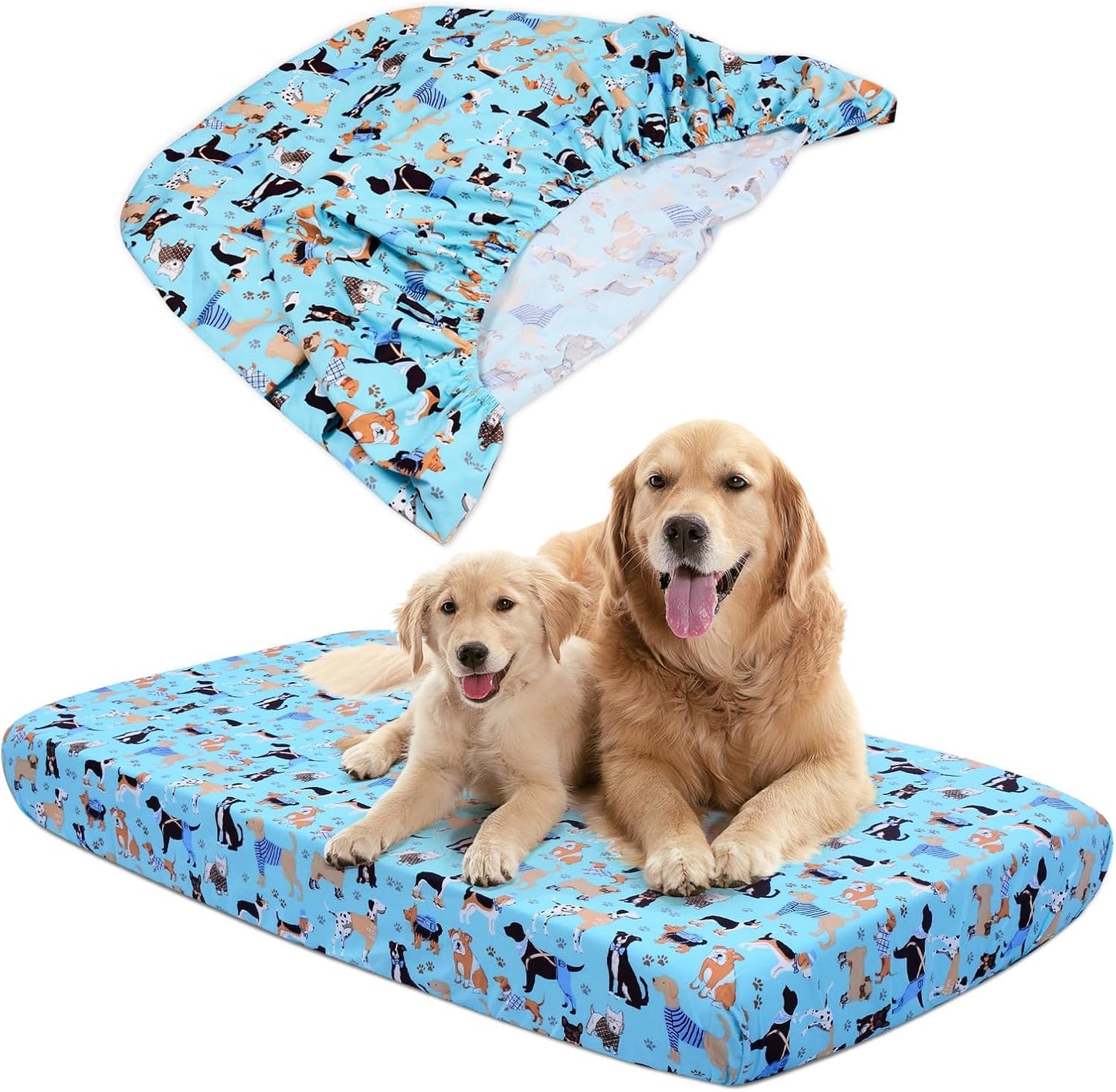 Dog Bed Covers Replacement Washable, Elastic Edged Pet Bed Protector with Cute Dog Pattern Design for Small & Medium Pet Beds, Cover Only (Blue, 36x27x6 Inch)