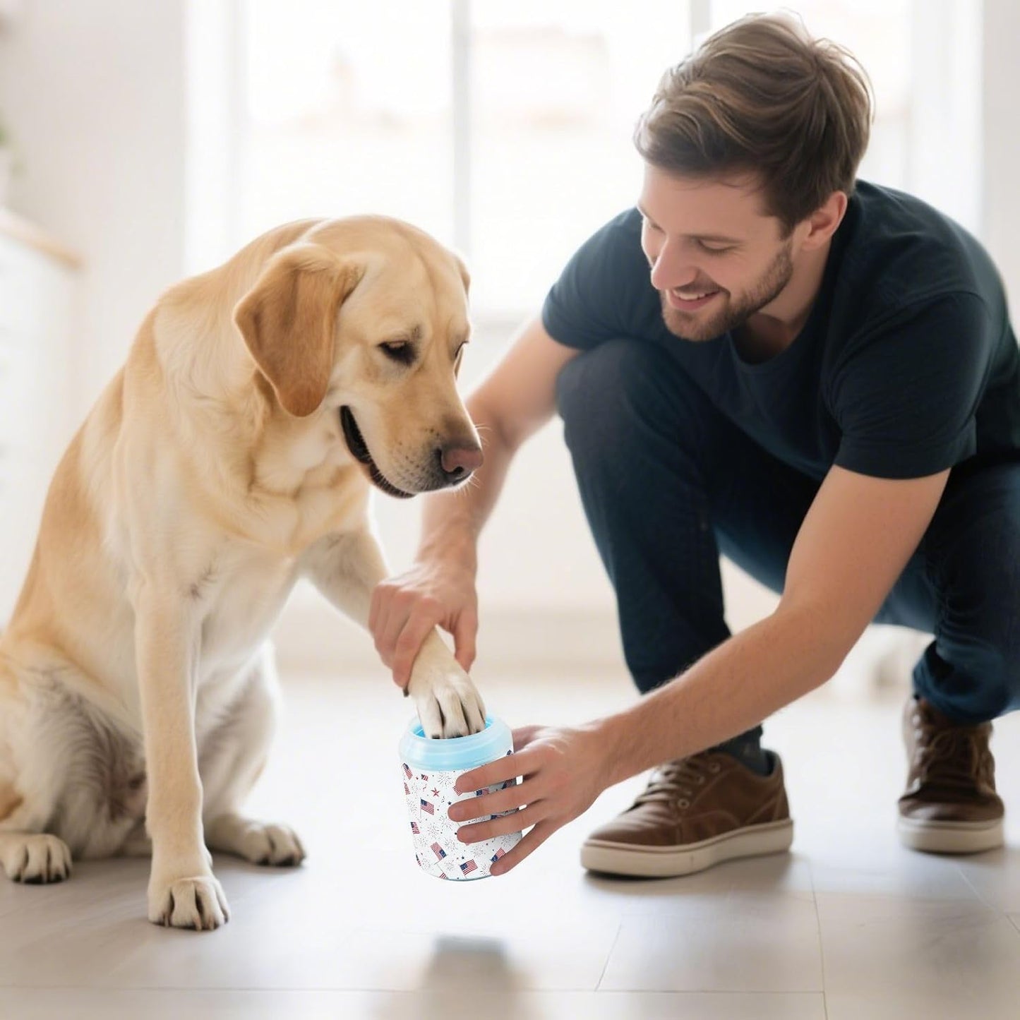 Flags Fireworks 250th Anniversary White Print Dog Paw Cleaner Cup with Soft Silicone Brush, Portable Small Lightweight Muddy Paw Washer for Dogs, Easy to Use Pet Foot Cleaner