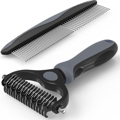 Pet Grooming Brush and Metal Comb Combo, Cat Brush Dog Brush for Shedding, Undercoat Rake for Dogs Grooming, Dematting Deshedding Brush Dogs Shedding Tool for Long matted Haired Pets, Gray (Gray)
