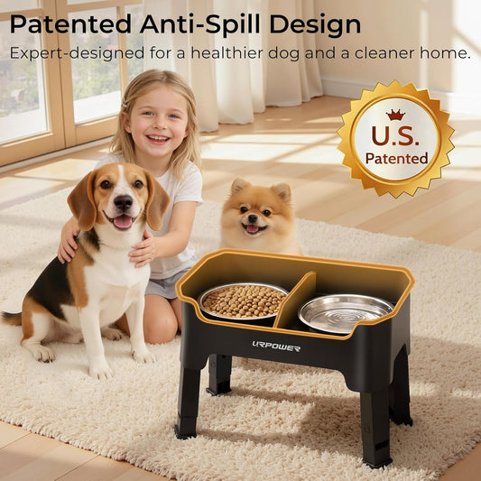 URPOWER 3-in-1 Elevated Dog Bowls - Mess Proof Double Deck 4 Height Adjustable Raised Stand with 2 Stainless Steel Food Bowls & Licking Plate for Small, Medium & Large Dogs