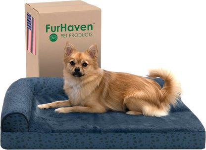 Furhaven Memory Foam Dog Bed for Large Dogs w/ Removable Bolsters & Washable Cover, For Dogs Up to 95 lbs - Two-Tone Plush Faux Fur & Suede L Shaped Chaise - Espresso, Jumbo/XL