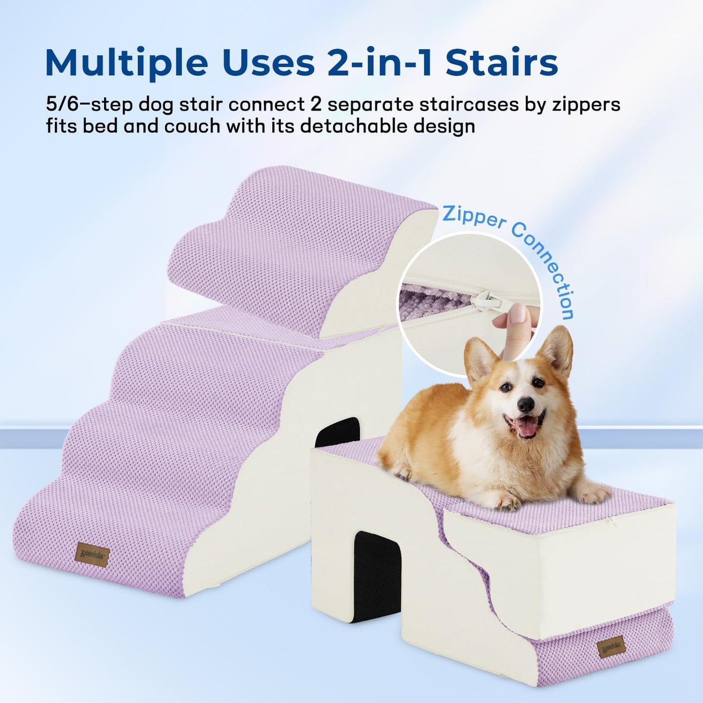 ZOMISIA Dog Ramp for Large Dogs - 24"H 5-Step Pet Stairs for High Beds with Tunnel, 2-in-1 Design with Zippers, Suitable for Indoor Cat Ladders with Non-Slip Bottom, Beige