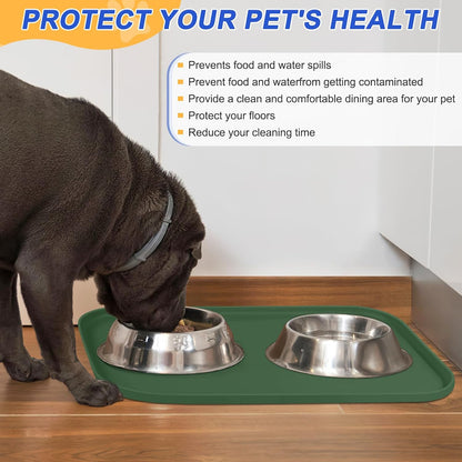 Small Silicone Pet Food Mat with Raised Edge for Food and Water Bowl, Square Dog Feeding Mats, Cat Food Trays for Floor Waterproof, Rubber Tray for Dogs and Cats, 12 x 12 x 0.7 Light Olive Green