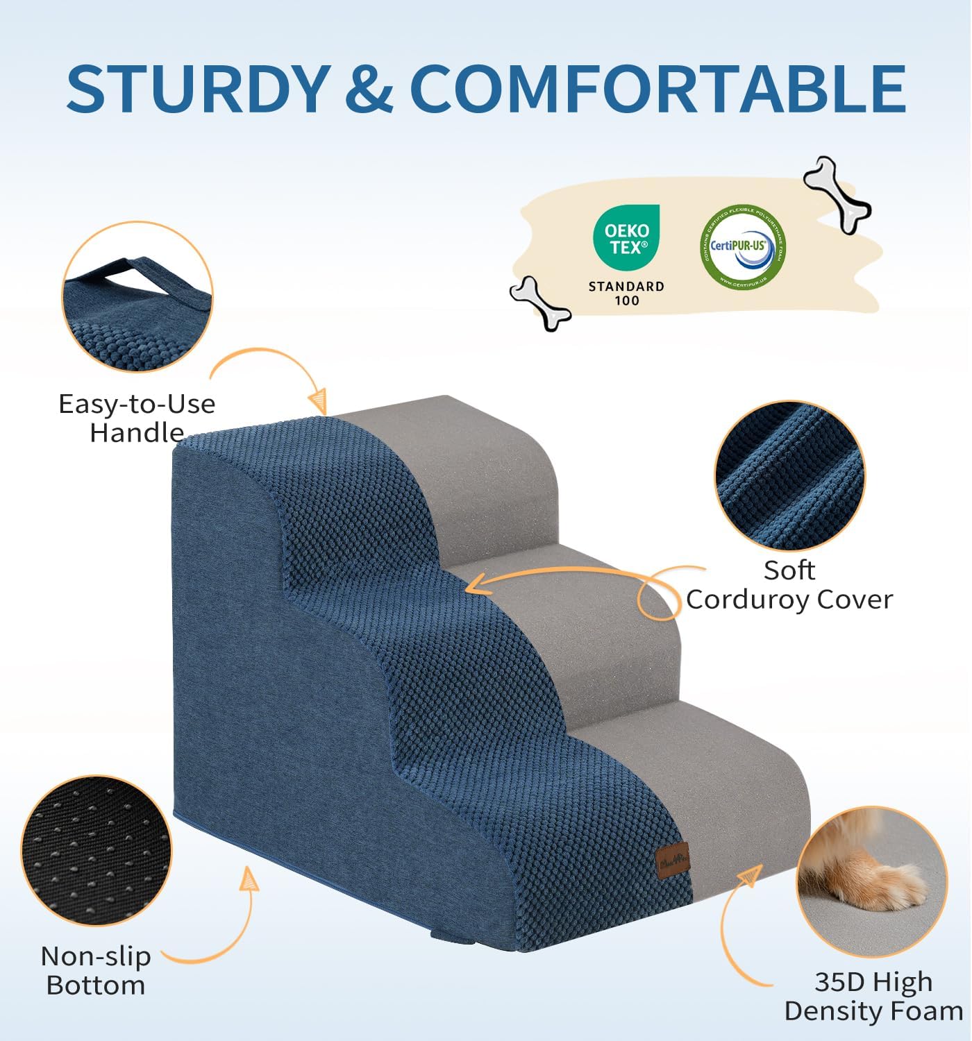 Made4Pets Dog Stairs Ramp for Small Dogs 15.7" H, 3-Step Dog Steps for Bed Couch Sofa and Chair, 35D Foam Pet Steps for Small Dogs and Cats, Non-Slip Bottom Pet Stairs, Grey