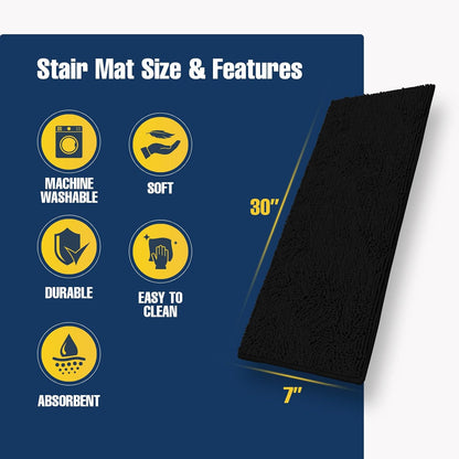 Muddy Mat® Pack of 4 - Soft Chenille Stair Treads Non-Slip Reusable, Super Absorbent Stair Treads for Wooden Steps, Tile & Marble Floor, Easy to Install & Machine Washable - Grey 30'' x 7''