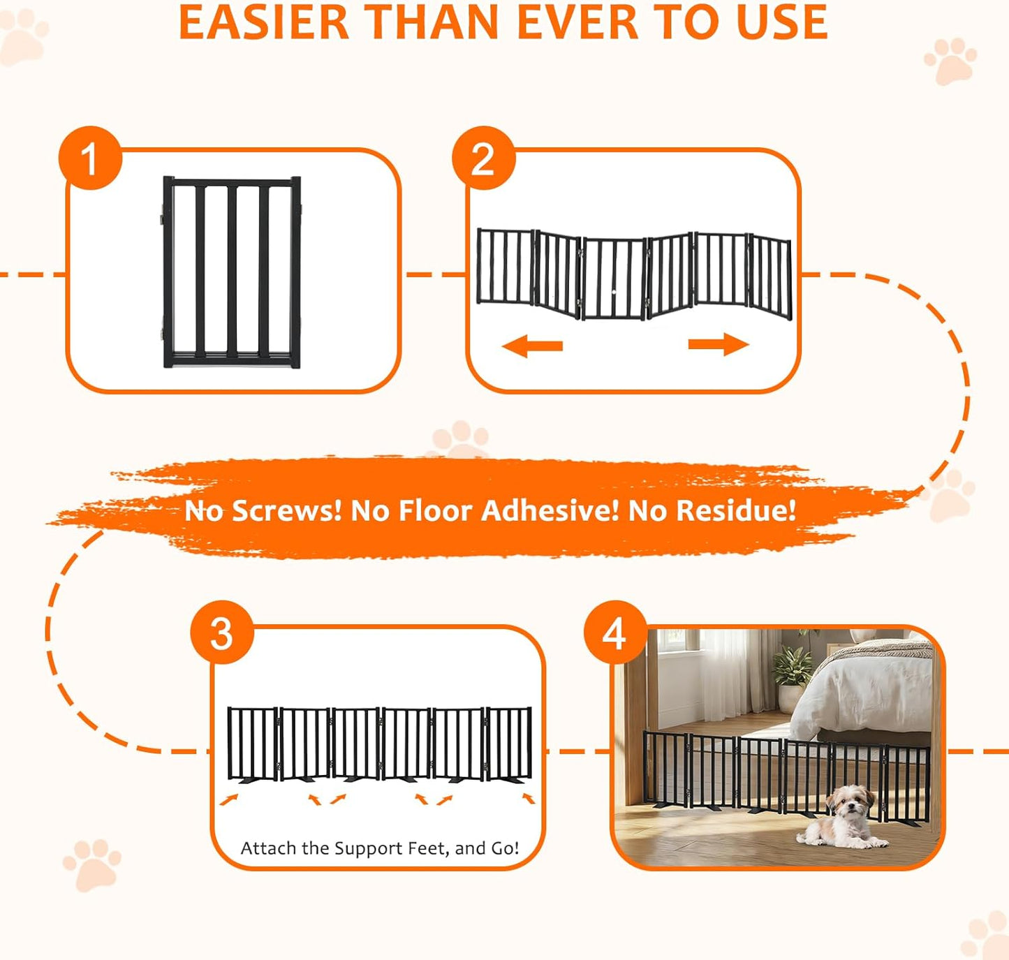 Snagle Paw Short Dog Gate,16.5" Tall Freestanding Metal Dog Gate Only for Small Dogs with Support Feet Easily Step Over,Up to 48" Wide Puppy Gate Indoor for Stairs,Doorways(Black,4 Panel)