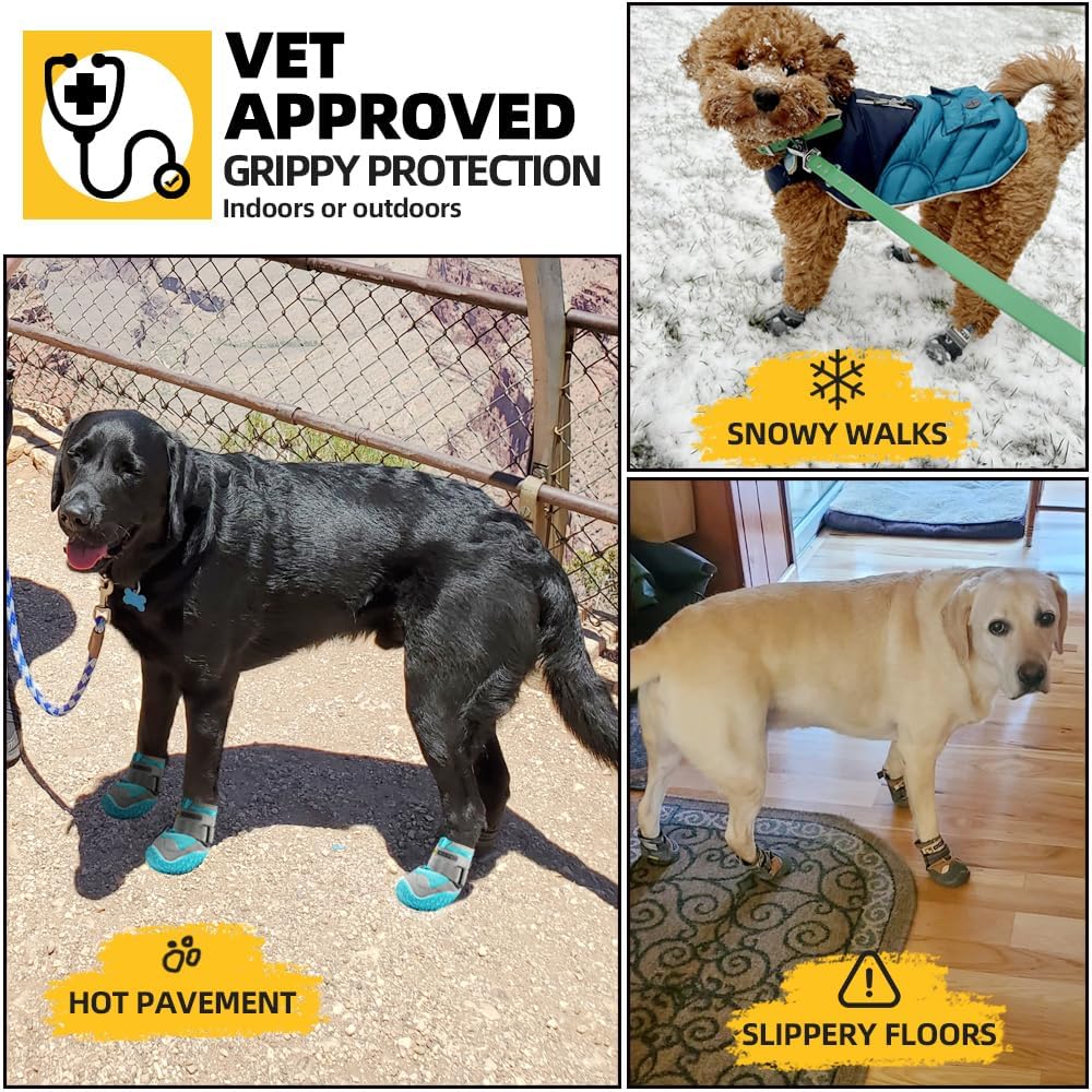 Hcpet Dog Shoes for Dogs, Dog Booties for Dogs, Anti-Slip Dog Boots & Paw Protectors for Hot Pavement Winter Snow Hiking with Reflective Straps Khaki Size 6, 4PCS