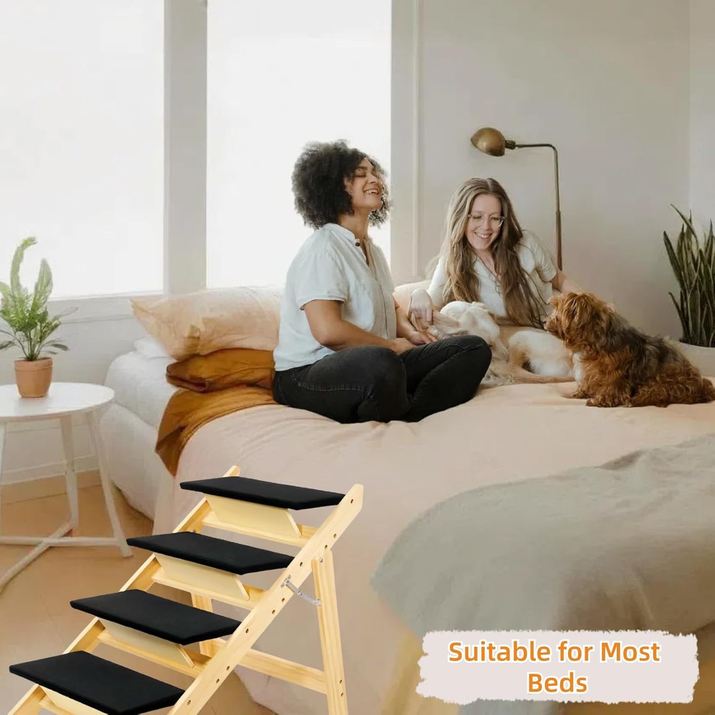 Foldable Dog Stairs/Ramp with 2 Steps - Durable Wooden Pet Stairs for Small, Medium, Large Dogs - Black (No Assembly Required)