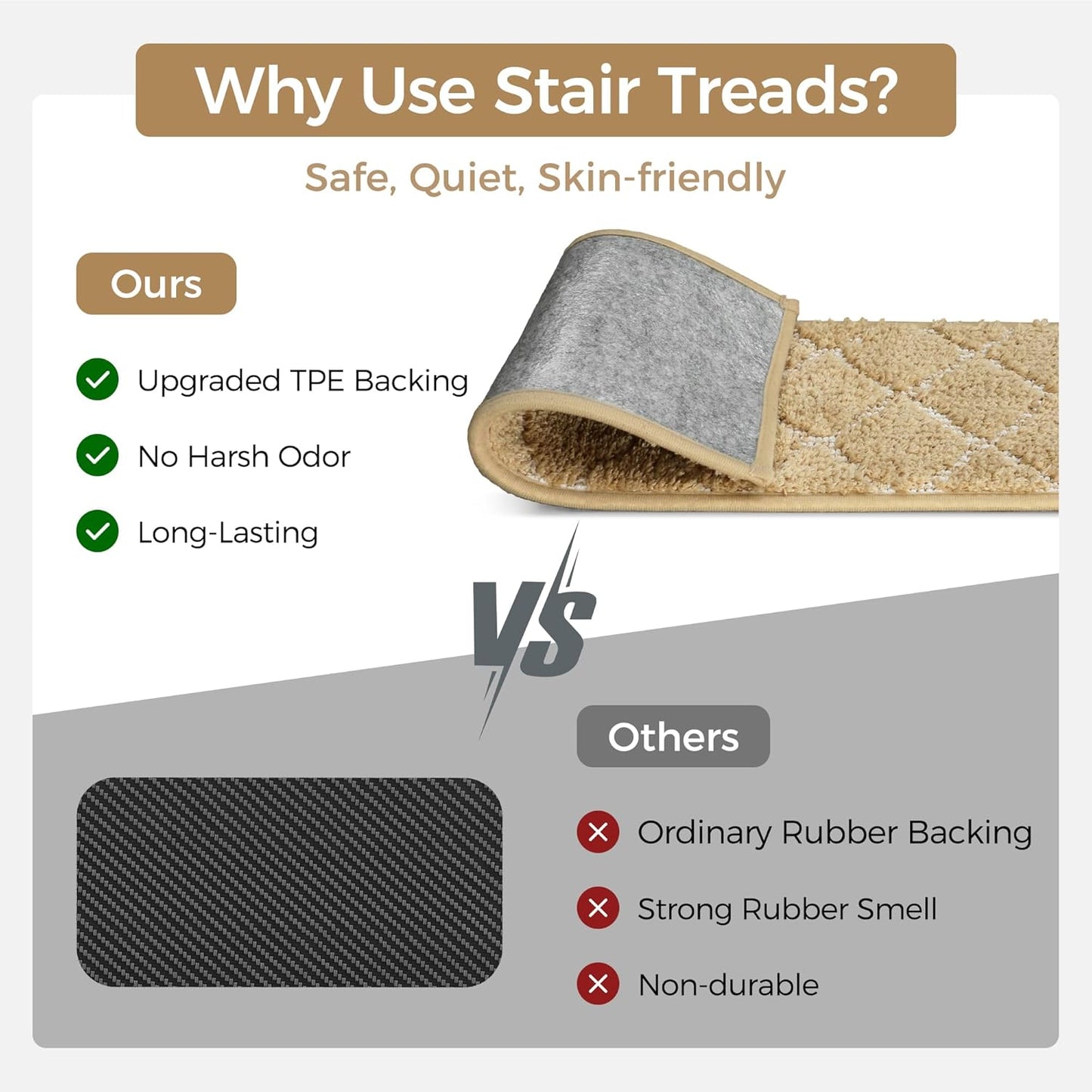 sarben Non Slip Stair Treads for Wooden Steps 15PCS - 8"x30" Indoor Safety Carpet, Edging Mats with TPE Adhesive Backing, Pet and Elderly Friendly Stair Rugs (Taupe) - Colors B