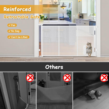 Reinforced 60” Wide Retractable Dog Gate with Cat Door Gates for Pets with Reinforced Strips 33” Tall Mesh Baby Gate Retractable Pet Gates for Dogs Indoor with Door Cats Can in and Out Freely, Gray