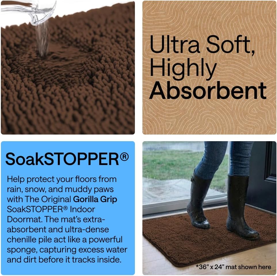 GORILLA GRIP SoakSTOPPER Dog Door Mat, 30x20 Machine Washable Rug Absorbent Doormat Captures Moisture Mud Dirt, Quick Dry Soft Chenille Entryway Rugs Indoor Entrance Mats for Dog Paws, Paw Grey