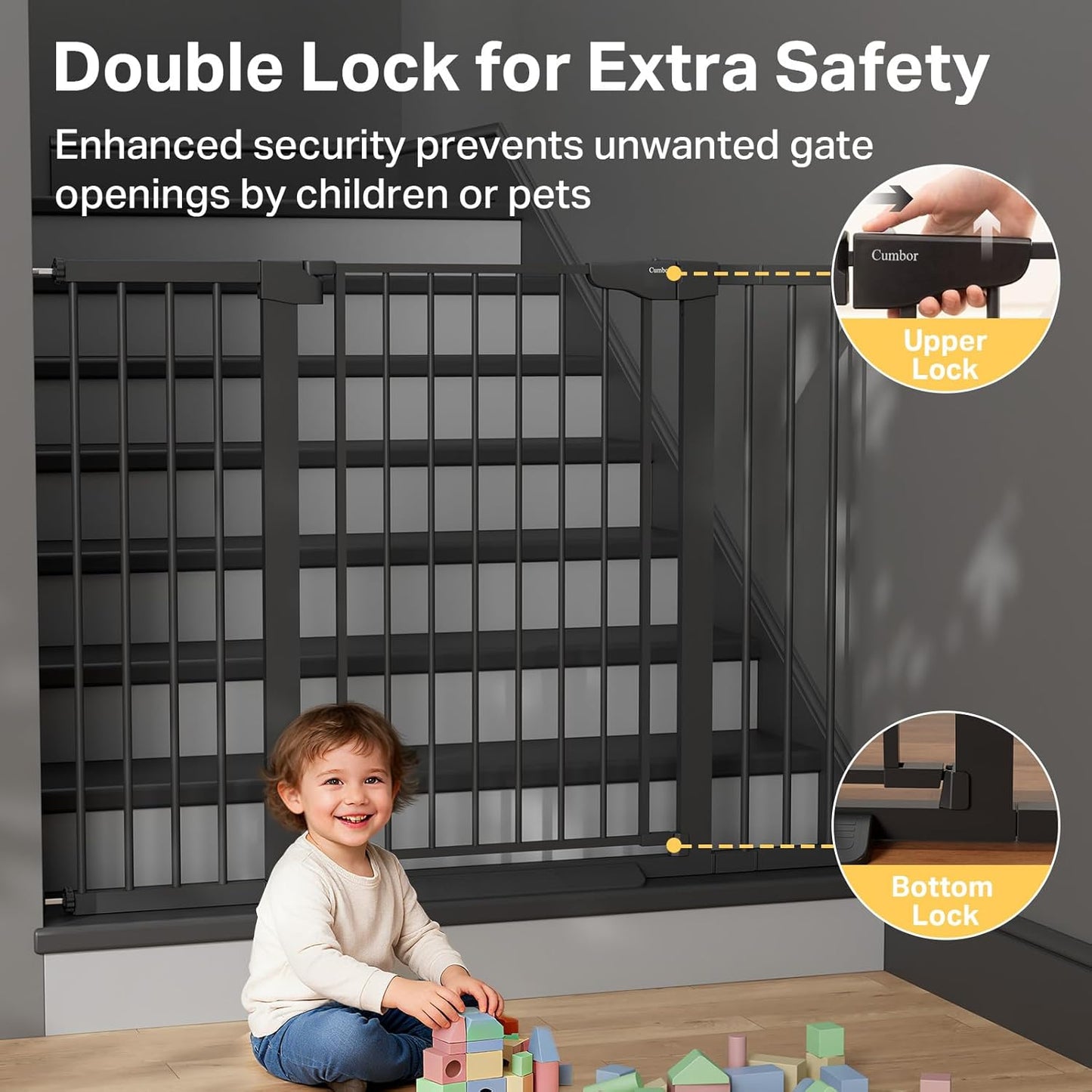 Cumbor 36.6-64" Extra Wide Baby Gate for Stairs, Dog Gates for Doorways, Auto-Close Pet Gate Indoor, Pressure Mounted Walk Through Safety Child Gate for Kids Toddler, Tall Pet Puppy Fence Gate, Brown