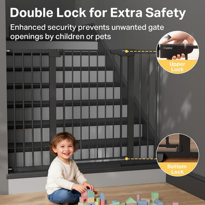 Cumbor 36.6-64" Extra Wide Baby Gate for Stairs, Dog Gates for Doorways, Auto-Close Pet Gate Indoor, Pressure Mounted Walk Through Safety Child Gate for Kids Toddler, Tall Pet Puppy Fence Gate, Brown