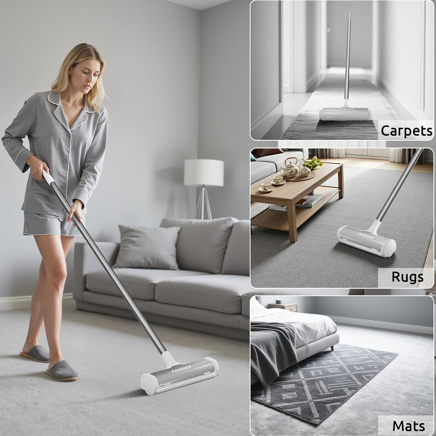 ACE2ACE A3 Pro Carpet Roller for Pet Hair, Carpet Pet Hair Removal Tool, Reusable Large Lint Rollers, 5 Feet Long Handle No Bending No Kneeling, Cat Dog Hair Remover for Carpet, Rugs, Mats, Grey