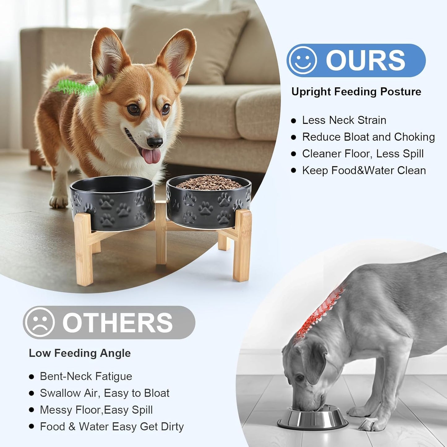 SPUNKYJUNKY Elevated Dog Bowls Ceramic, 6.1'' Dogs and Cat Food Water Bowls Raised with Non-Slip Bamboo Stand for Medium Sized Breed Microwave Dishwasher Safe - 28.7 OZ,Beige