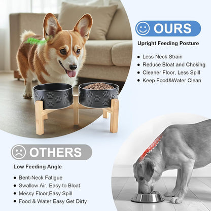 SPUNKYJUNKY Elevated Dog Bowls Ceramic, 6.1'' Dogs and Cat Food Water Bowls Raised with Non-Slip Bamboo Stand for Medium Sized Breed Microwave Dishwasher Safe - 28.7 OZ,Beige