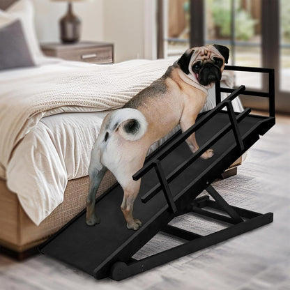 Dog Ramp for Bed, Adjustable Pet Ramps for Dog to Get on Bed, Non-Slip Rubber Surface - Folding Wooden Dog Ramp for Small/Large/Old Dogs, Adjustable up to 27.5 inch High Beds, Safety Railings