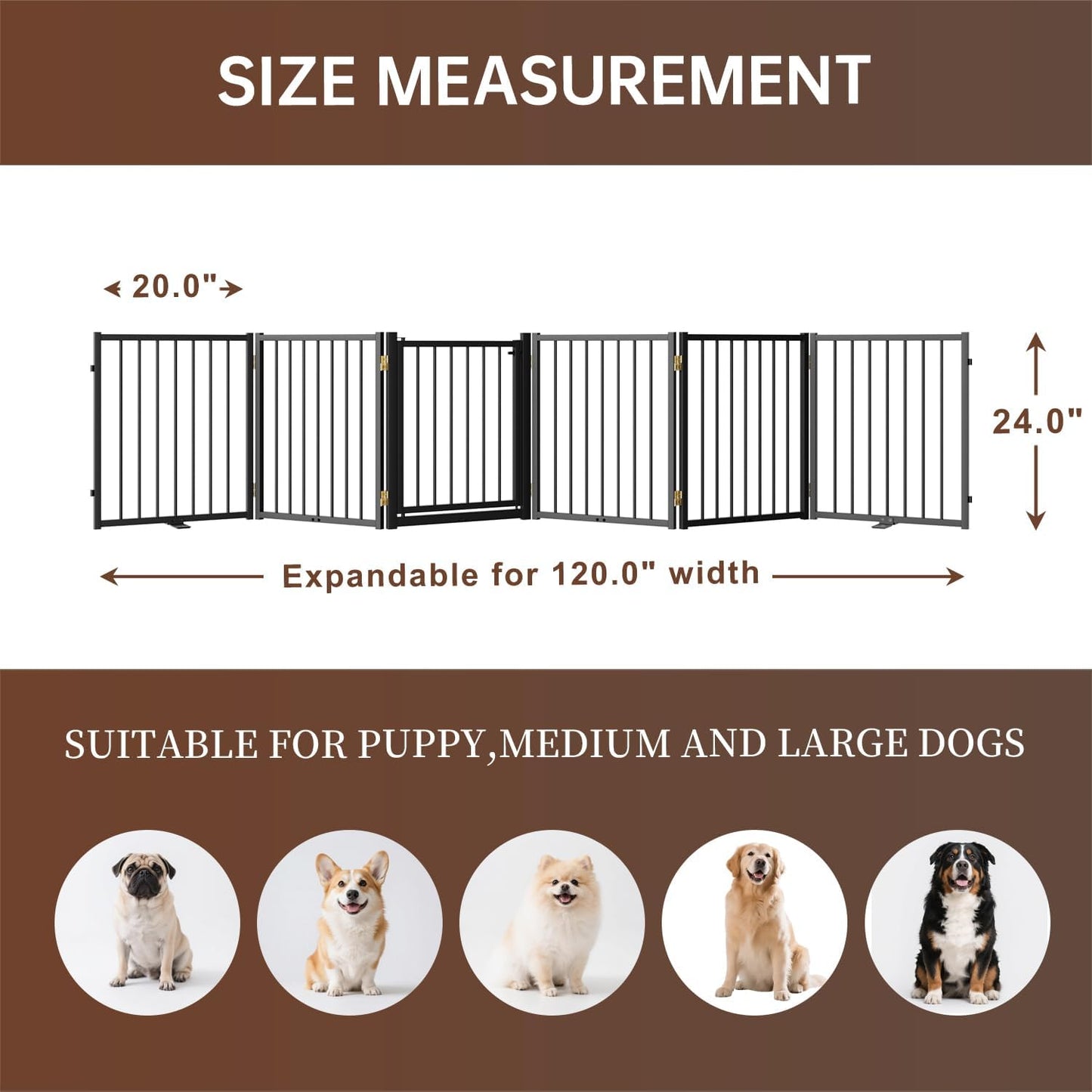4 Panels Full Metal Freestanding Dog Gates with Door, 80” W x 32” H Folding Pet Gate Fence with Support Feet for Indoor,Stairs, Hallways and Doorways(Black)