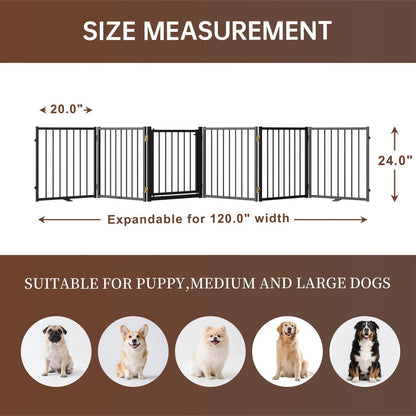 4 Panels Full Metal Freestanding Dog Gates with Door, 80” W x 32” H Folding Pet Gate Fence with Support Feet for Indoor,Stairs, Hallways and Doorways(Black)