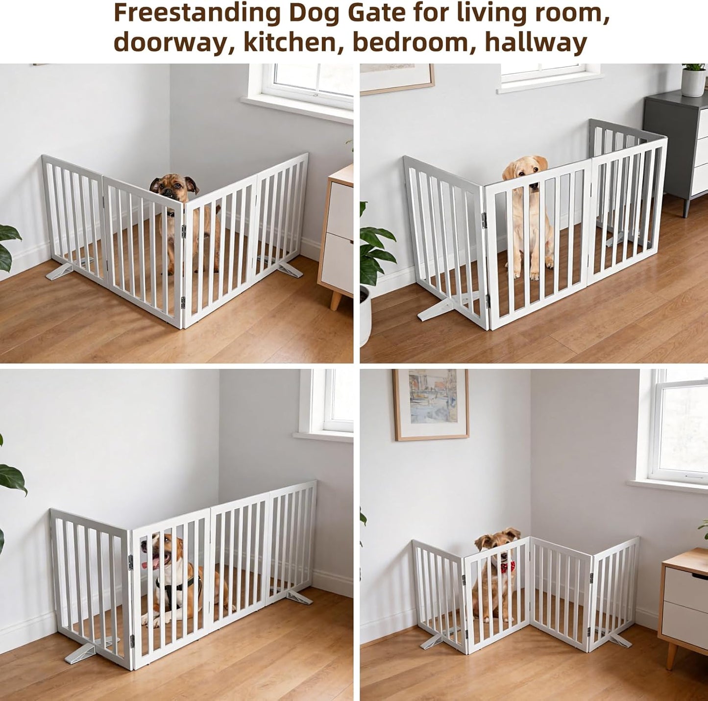 ZJSF Freestanding Indoor Dog Gate for House Foldable Wood Puppy Gate for Doorways Pet Gate for Stairs Extra Wide Pet Fence, Brown, 24" Height 3 Panels