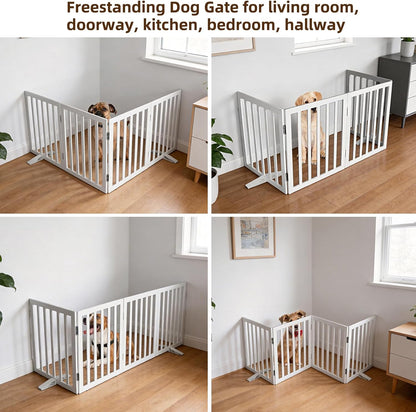 ZJSF Freestanding Indoor Dog Gate for House Foldable Wood Puppy Gate for Doorways Pet Gate for Stairs Extra Wide Pet Fence, Brown, 24" Height 3 Panels