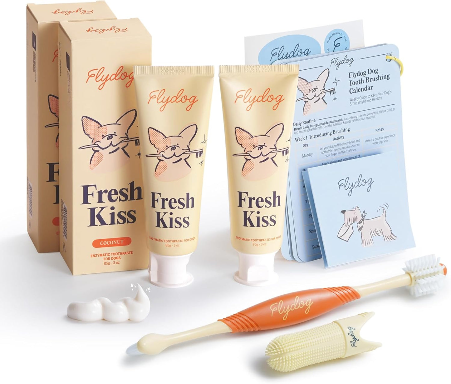 FlyDog Fresh Kiss Dog Tooth Brushing Kit - Vet Approved Formula, Enzymatic Dog Toothpaste and Brush - Breath Freshener & Tartar Remover, 360° Toothbrush & Finger Brush, Dental Guide, Coconut Flavor